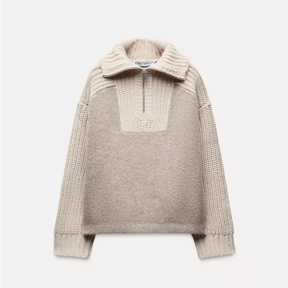 NEW Zara Ecru Cream Wool Blend Knit Zipper Sweater in Medium/Large